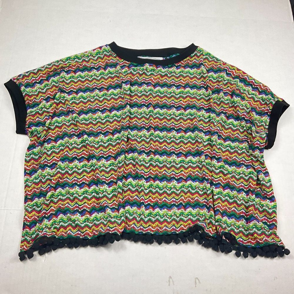 Anthropologie KAS New York Poncho Blouse Colorful Short Sleeve Pom Pom SMALL